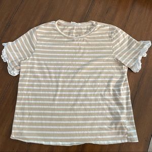 After market brand tan and white striped shirt with ruffle sleeves